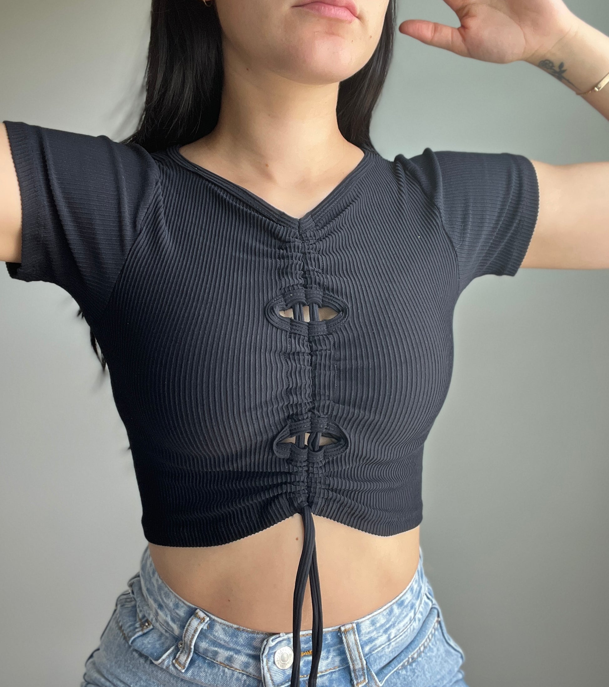 Drawstring Front Crop Tee - DIVINA CLOTHING STORE